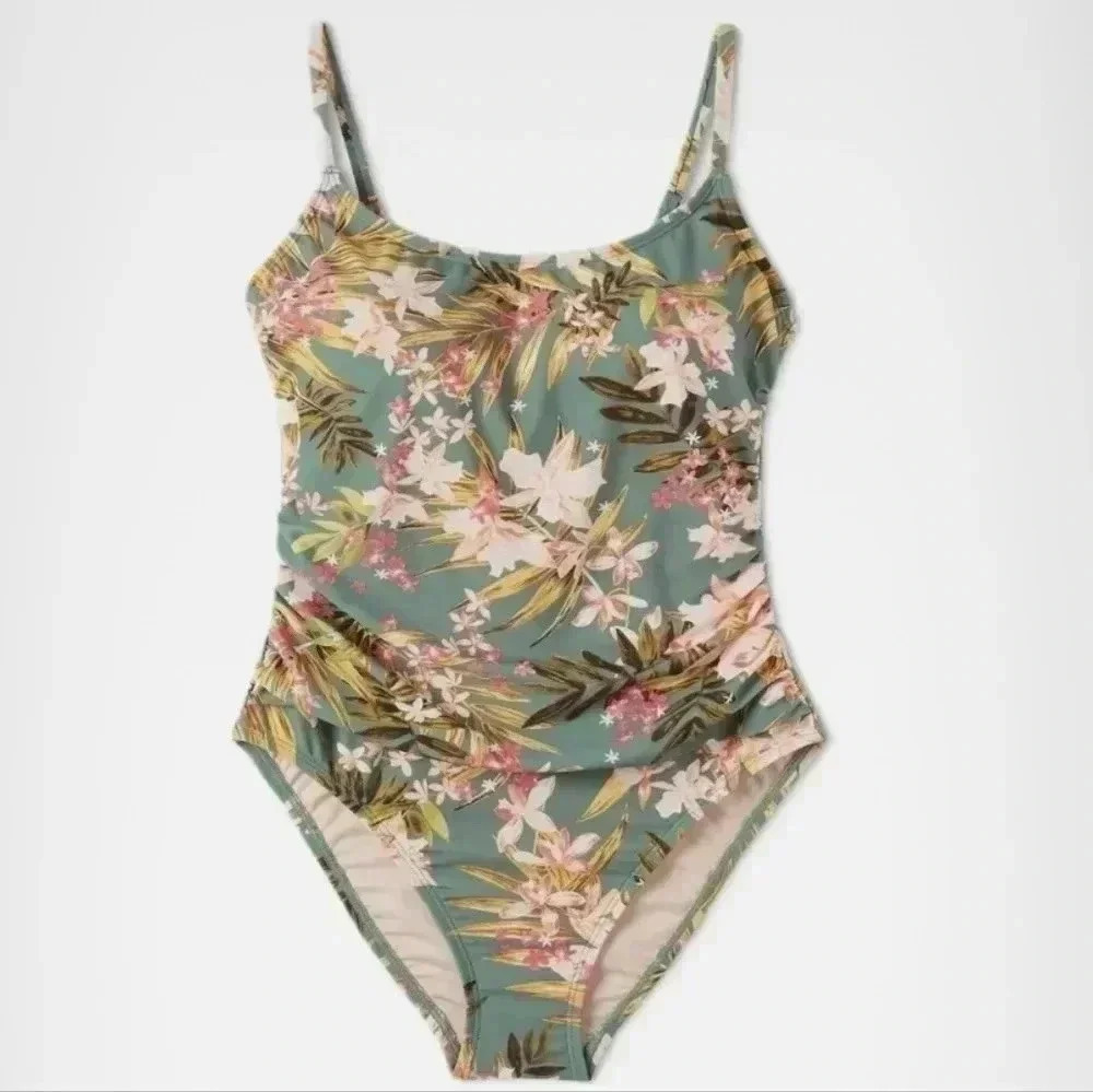 Kona Sol Womens Green Tropical Floral Shirred  Swimsuit